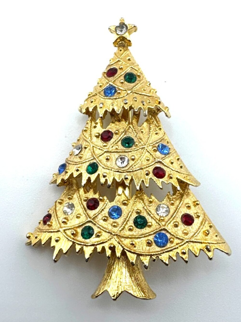 Vintage Eisenberg Ice Christmas Tree Brooch Rhinestone Gold Tone Signed Festive